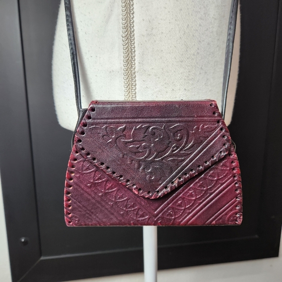 Vintage Moroccan Magic Leather Embossed Cross Body Mini Purse 1970's - Picture 2 of 14